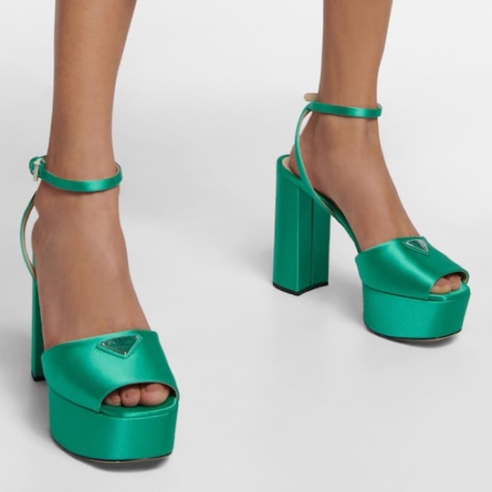Prada Green Satin Block Heel Sandals - Picture 2 of 11